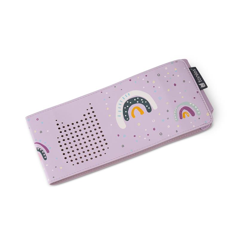 Decorative wrap for the Toniebox 2 featuring a lavender background with colorful rainbow designs and polka dots.