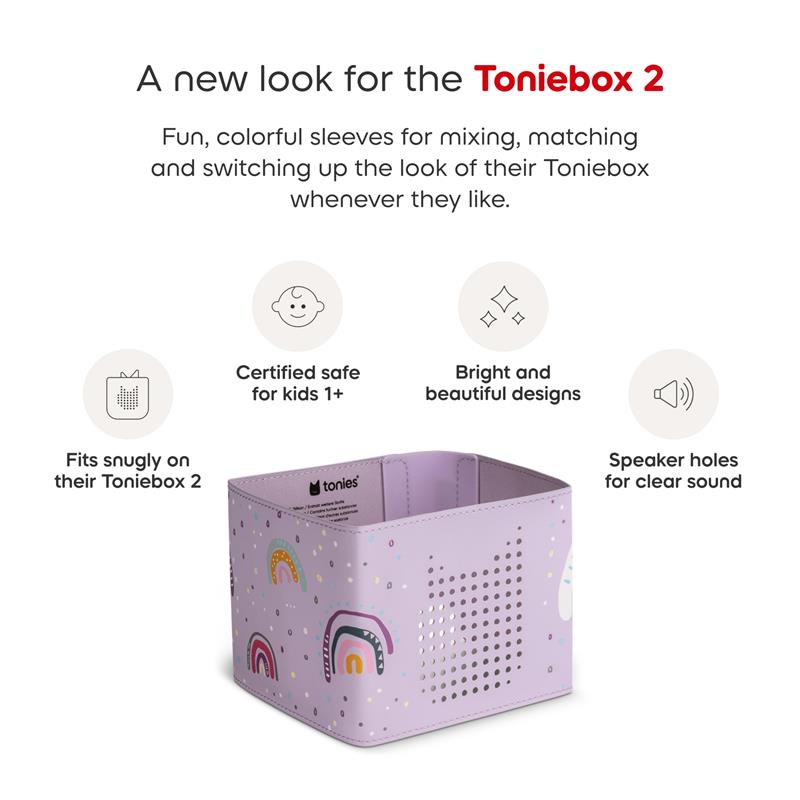 Decorative rainbow sleeve wrap for the Toniebox 2, featuring vibrant designs and speaker holes for clear sound.
