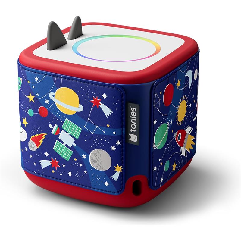 Decorative sleeve wrap for Toniebox 2 featuring a vibrant space theme with planets, rockets, and stars.