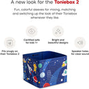 Decorative wrap for Toniebox 2 featuring a space theme with planets, rockets, and stars, designed for kids aged 1 and up.