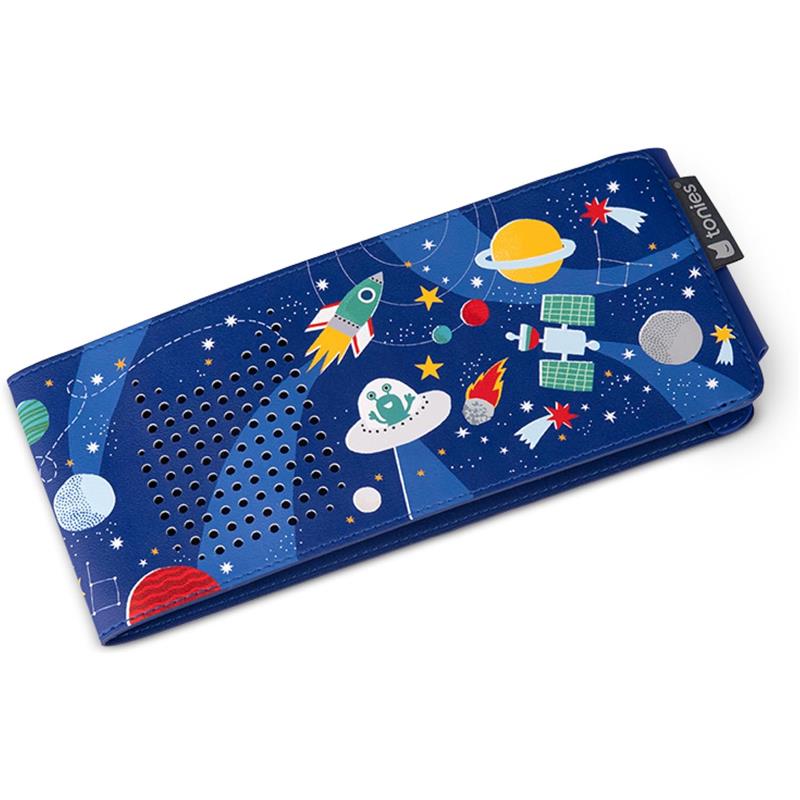 Tonies Sleeve Decorative Wrap for Toniebox 2 featuring a space theme with rockets, planets, and stars on a blue background.