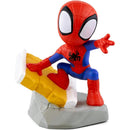 Spidey audio toy figurine in a dynamic pose, featuring red and blue colors and a spider emblem, on a gray base.