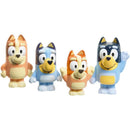 Four colorful Bluey bath toy squirters in various poses, featuring distinct character designs and cheerful expressions.