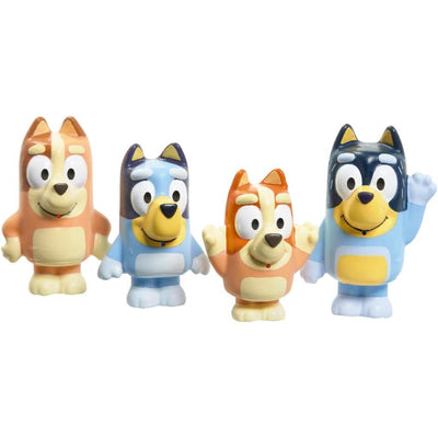 Four colorful Bluey bath toy squirters in various poses, featuring distinct character designs and cheerful expressions.