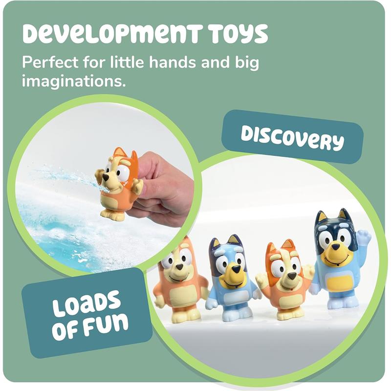Bluey Bath Toy Squirters in a 4-pack featuring colorful characters, designed for fun playtime in water.