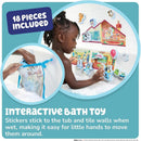 Interactive bath toy featuring Toomies Blueys House bath stickers, allowing kids to stick and move characters on wet surfaces.