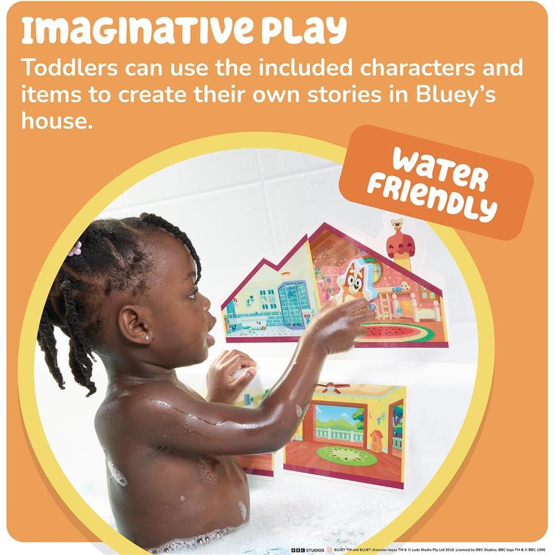 Toddlers playing with Toomies Blueys House Bath Stickers, featuring colorful scenes for imaginative water-friendly play.