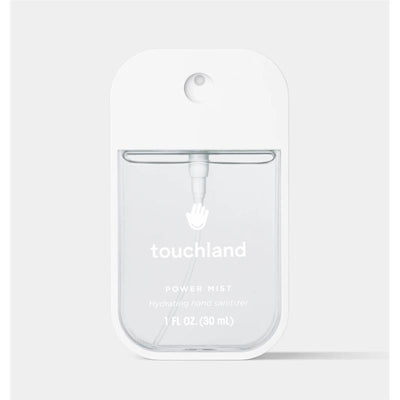 Touchland Beach Coco Power Mist Hydrating Hand Sanitizer in a 1 fl oz (30 mL) bottle with a clear design and white label.