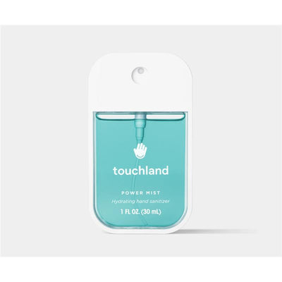Touchland Blue Sandalwood Power Mist Hydrating Hand Sanitizer in a clear container, 1 fl oz (30 mL), with a spray nozzle.