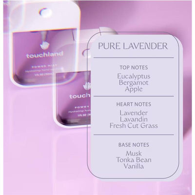 Touchland Pure Lavender Power Mist Hydrating Hand Sanitizer, featuring notes of eucalyptus, lavender, and musk.