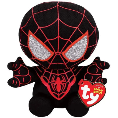 Plush toy of Miles Morales as Spider-Man, featuring red web patterns and large silver eyes, with a TY Beanie Babies tag.