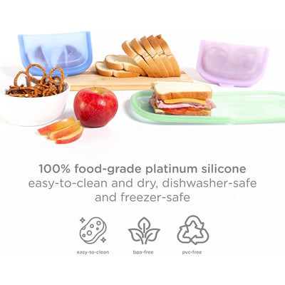 Reusable silicone storage bags in various colors displayed with bread, an apple, and pretzels, emphasizing food safety features.