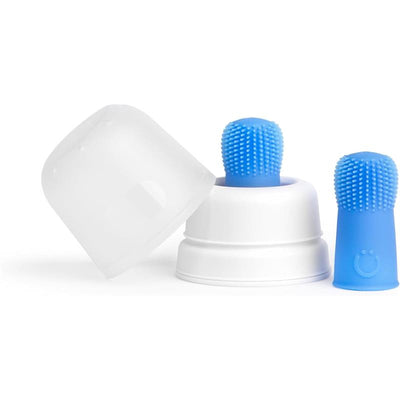 Silicone finger toothbrushes in blue with storage case, designed for baby dental care.