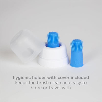 Two blue silicone finger toothbrushes for babies with a white hygienic storage case displaying text about cleanliness and portability.