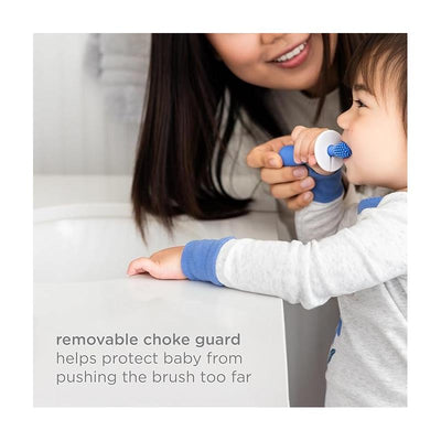 360° baby training toothbrush in Polaris Blue, with safety shield, as a parent assists a child brushing teeth.
