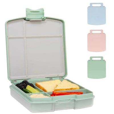 Bento lunch box for kids in sage green, featuring compartments with sandwiches, cucumbers, blackberries, and hummus.