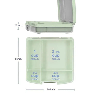 Bento lunch box for kids in sage green with divided compartments labeled for portion sizes and dimensions.