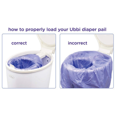 Ubbi diaper pail loading guide showing correct and incorrect ways to load plastic bags, with labeled examples.
