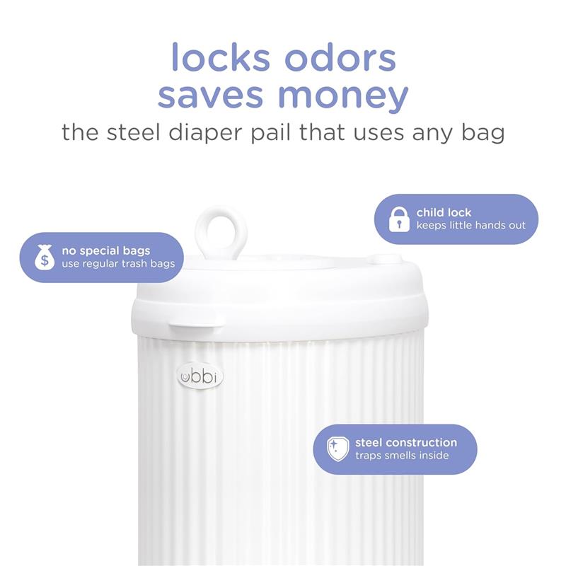 Ubbi Fluted Stainless Steel Diaper Pail, White Image 4