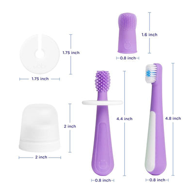 Ubbi Grow with Me Toothbrush Training Set for babies and toddlers, featuring three toothbrushes and a protective cap in purple.