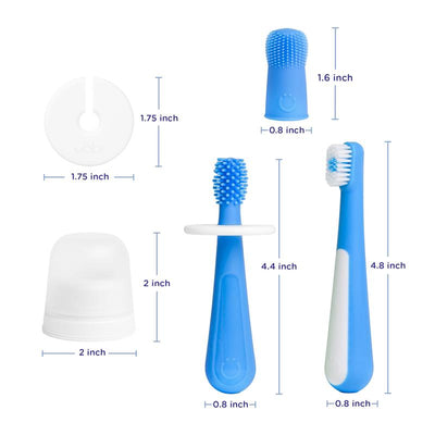 Ubbi Polaris Grow With Me Toothbrush Training Set includes three blue toothbrushes and a protective cap, with size details displayed.