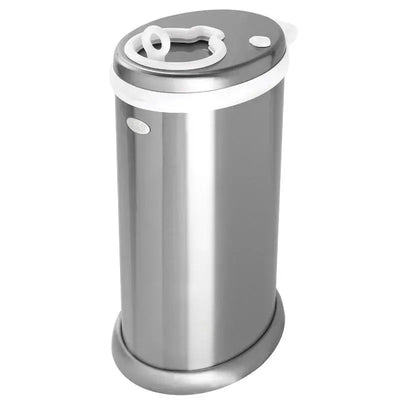 Steel odor-locking diaper pail in chrome finish featuring a circular opening and a sturdy base.