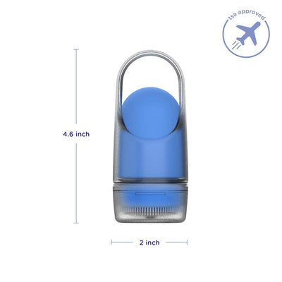 Refillable Ubbi Sunsqueeze sunscreen applicator, featuring a blue roll-on ball, measuring 4.6 inches tall and 2 inches wide.