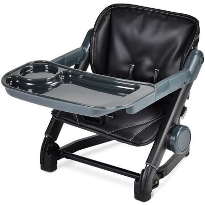 3-in-1 feeding booster seat in bubble black with a detachable tray and safety harness. Ideal for dining use.