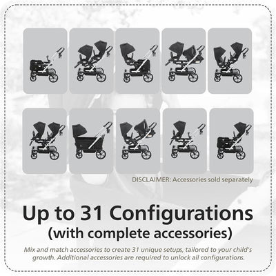 Unilove Trio Trolley Wagon showcasing various configurations for baby transport, emphasizing accessory customization options.
