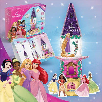 24Pk Tytan Disney Princess Tower Magnetic Tile Kit with a colorful castle featuring Rapunzel, surrounded by Disney princess figures.