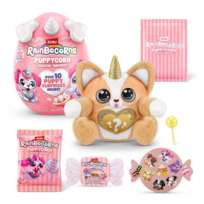 Plush Rainbocorns Puppycorn toy with golden horn, pink egg, surprise packet, and small accessories for interactive play.