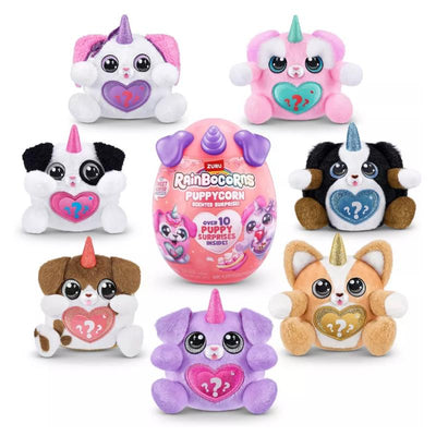 United Pacific Designs Rainbocorns Puppycorn Scented Surprise plush toys in various colors with a central surprise egg packaging.