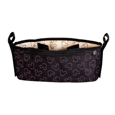 Universal stroller organizer in black featuring Mickey Mouse designs, with a spacious interior and zipper pocket.