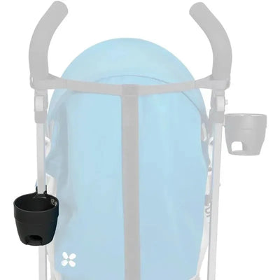 Black cup holder attached to an Uppababy stroller, designed for G-Link/G-Luxe models, mounted on the handle.
