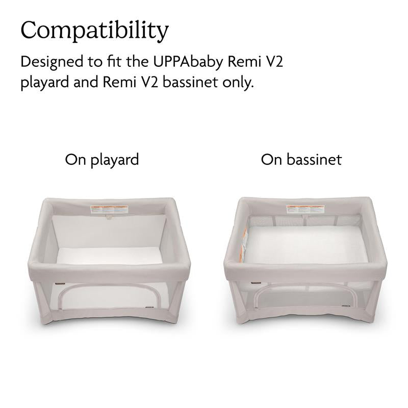 UPPAbaby 2Pk Mattress Covers displayed on a playard and a bassinet, highlighting compatibility with Remi V2 models.