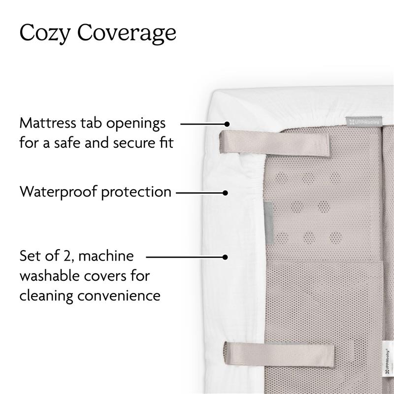 UPPAbaby 2Pk Mattress Covers for Remi V2 Playard; waterproof, machine washable, with secure fit tabs.
