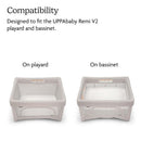 Waterproof mattress covers for UPPAbaby Remi V2 playard and bassinet, labeled for compatibility.