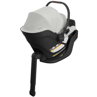 Lightweight Uppababy Aria V2 infant car seat in Savannah (Pearl Gray Melange) with a black base and adjustable handle.