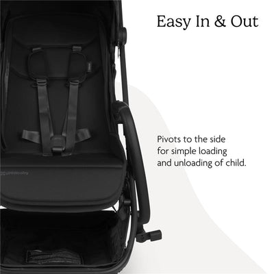 Bumper bar for Uppababy Minu V3 stroller in black, showing an easy access feature for child loading and unloading.