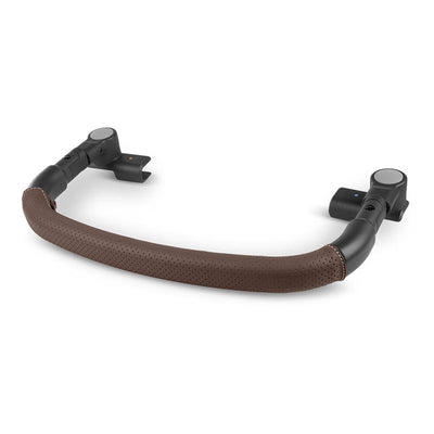 Bumper bar for Uppababy Minu V3 stroller in chestnut with a perforated brown leather grip and black connectors.