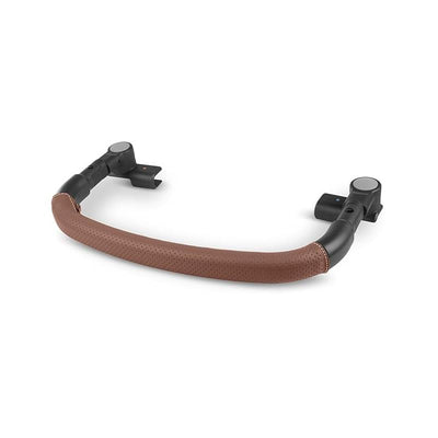 Bumper bar for Uppababy Minu V3 stroller in saddle color, featuring a textured brown handle and black connectors.