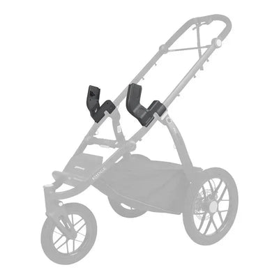 Car seat adapter for Uppababy Ridge stroller, featuring black attachment points for Nuna, Cybex, or Maxi-Cosi car seats.