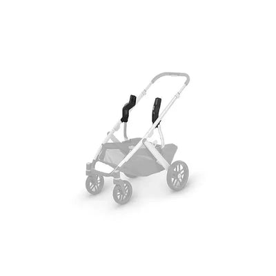 Uppababy car seat adapters for Vista, Vista V2, Cruz, and Cruz V2, shown attached to a stroller frame.