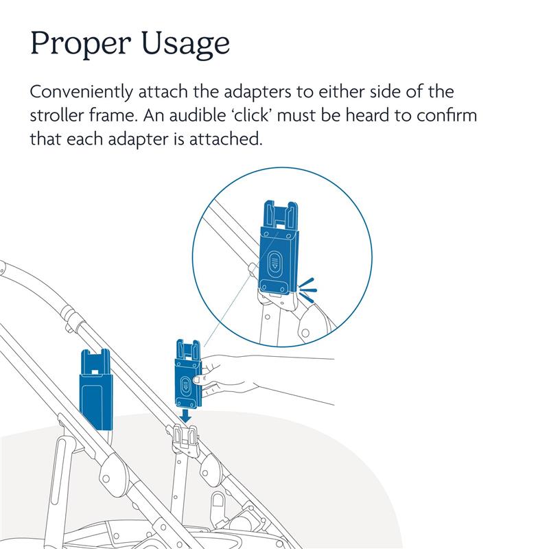 Upper adapter for UPPAbaby Cruz V2 stroller, showing proper attachment method with hand demonstrating usage and click confirmation.