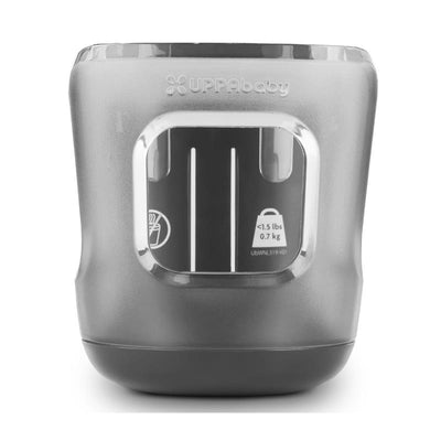 Cup holder from UPPAbaby designed for Vista, Cruz, and Minu strollers, featuring a sleek gray design and weight limit label.