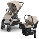 Uppababy Kona Stroller with a Sandstone Mélange fabric is shown alongside the Aria V2 infant car seat, both highlighting their ergonomic design.