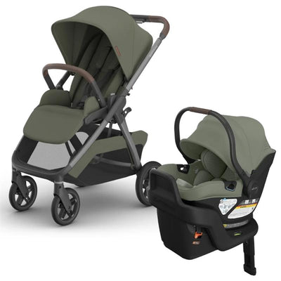 Uppababy Kona Stroller in Evelyn Meadow Green with Aria V2 car seat, featuring a sleek design, adjustable canopy, and safety labels.