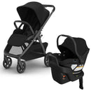 Uppababy Kona stroller in black with a reclining seat and Aria V2 infant car seat, both featuring a sleek design.