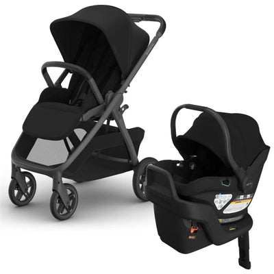 Uppababy Kona stroller in black with a reclining seat and Aria V2 infant car seat, both featuring a sleek design.