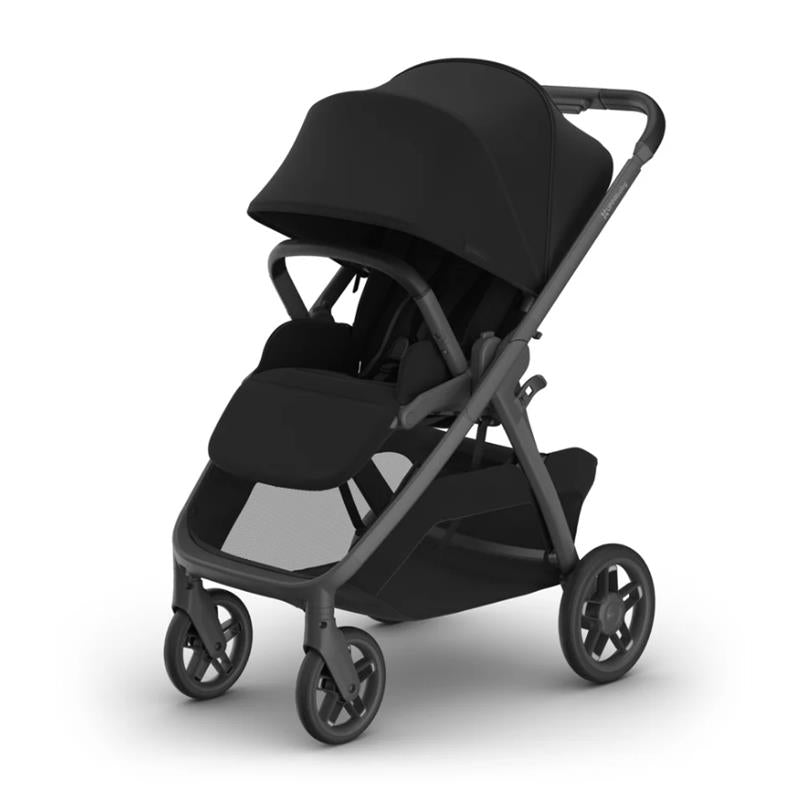 Uppababy Kona Stroller in James Black, featuring a collapsible frame, large canopy, and a spacious storage basket.